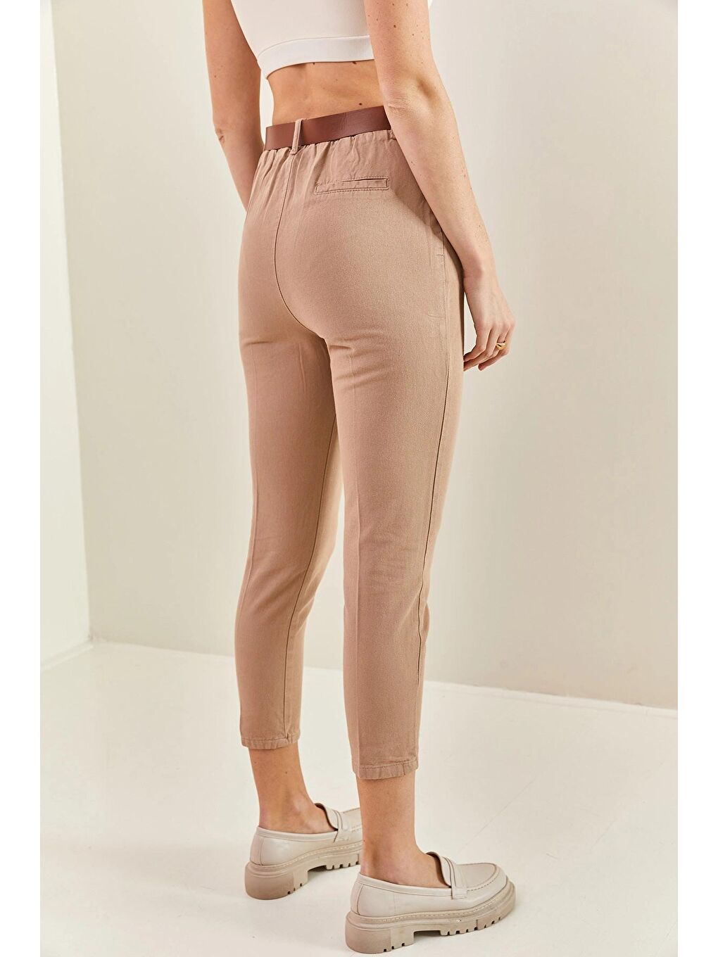 Kahverengi Kadın Beli Lastikli Kemerli Pantolon-3