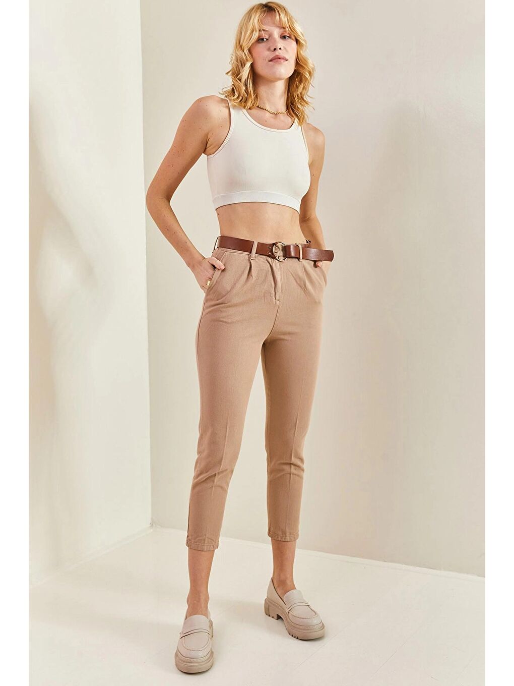 Kahverengi Kadın Beli Lastikli Kemerli Pantolon-4