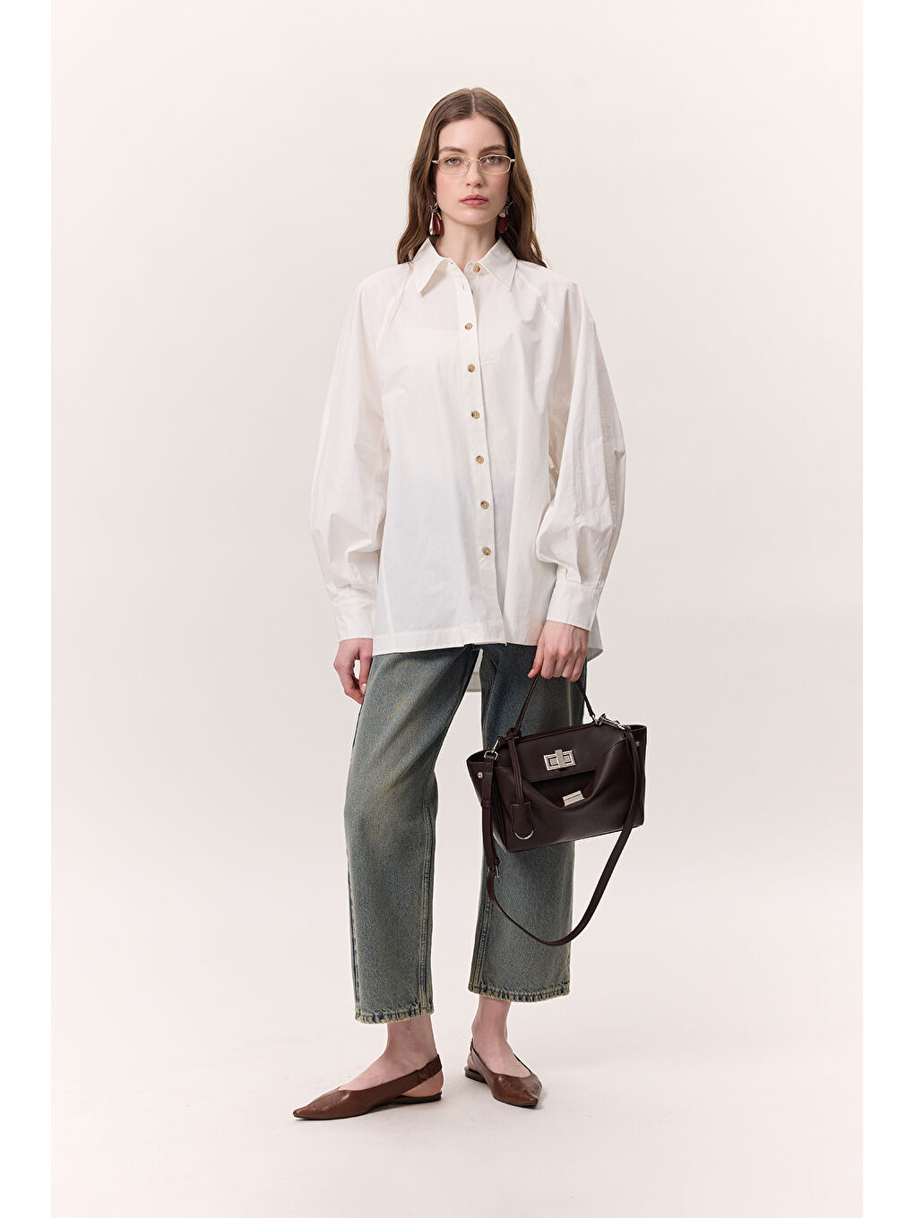 Geniş Kol Detaylı Gömlek Ekru-5