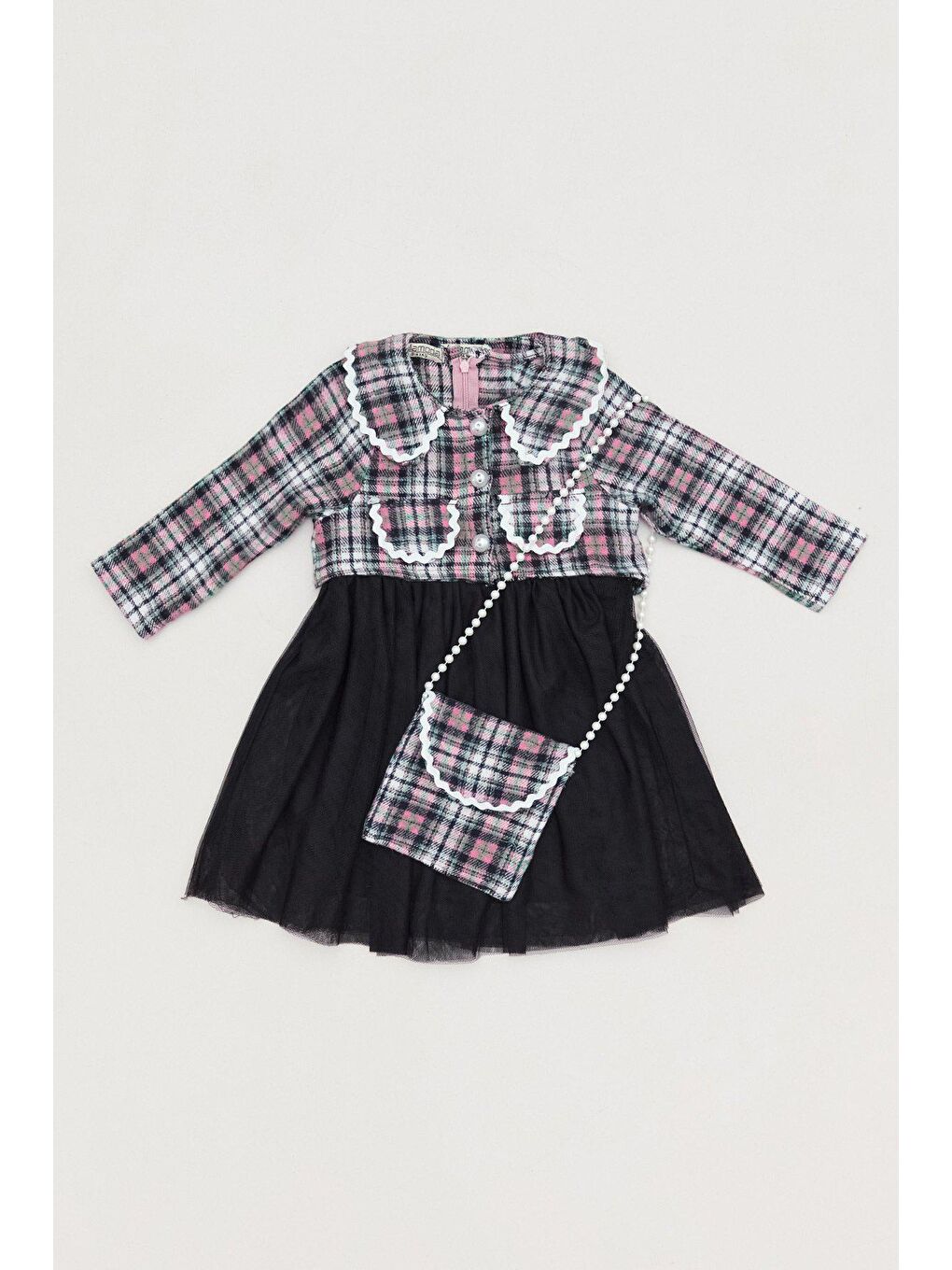 Pembe Ekose Desenli Çanta Aksesuarlı Kız Çocuk Elbise