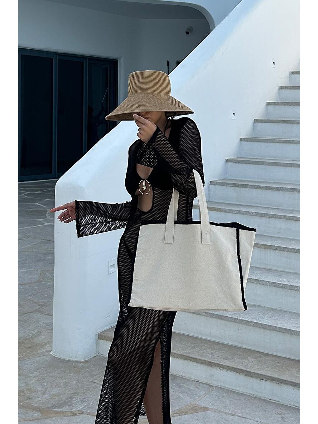 Kahverengi Arc X Large Kanvas Tote Bag Siyah-4