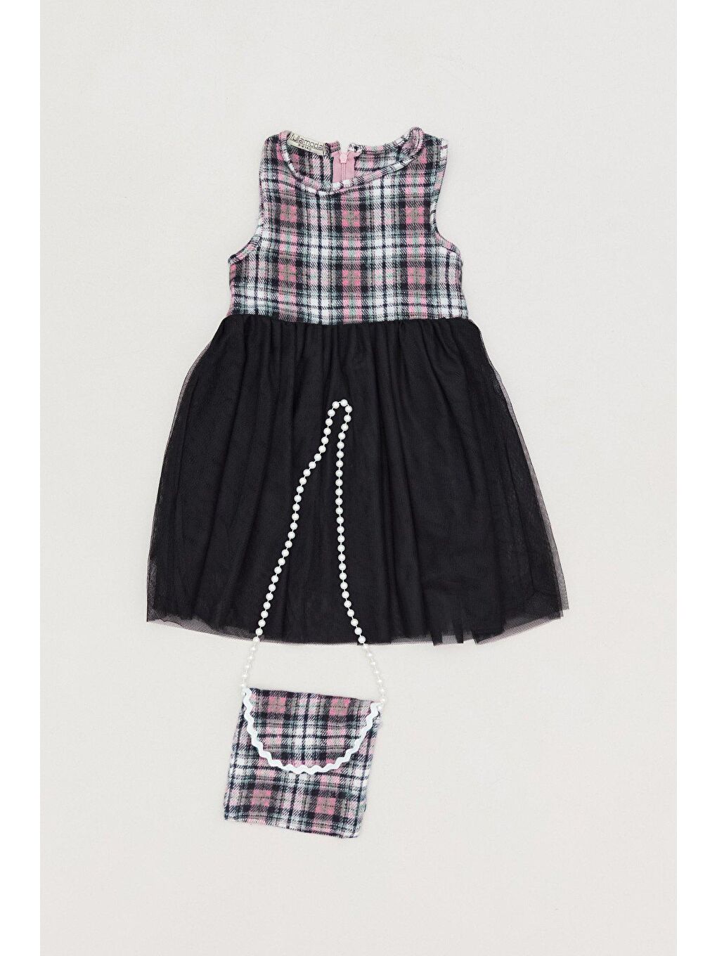 Pembe Ekose Desenli Çanta Aksesuarlı Kız Çocuk Elbise-1