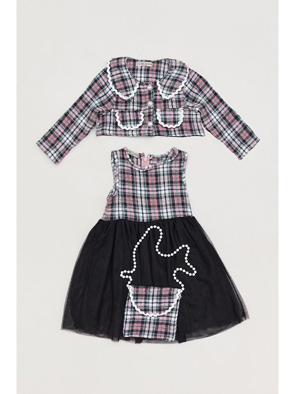 Pembe Ekose Desenli Çanta Aksesuarlı Kız Çocuk Elbise-2