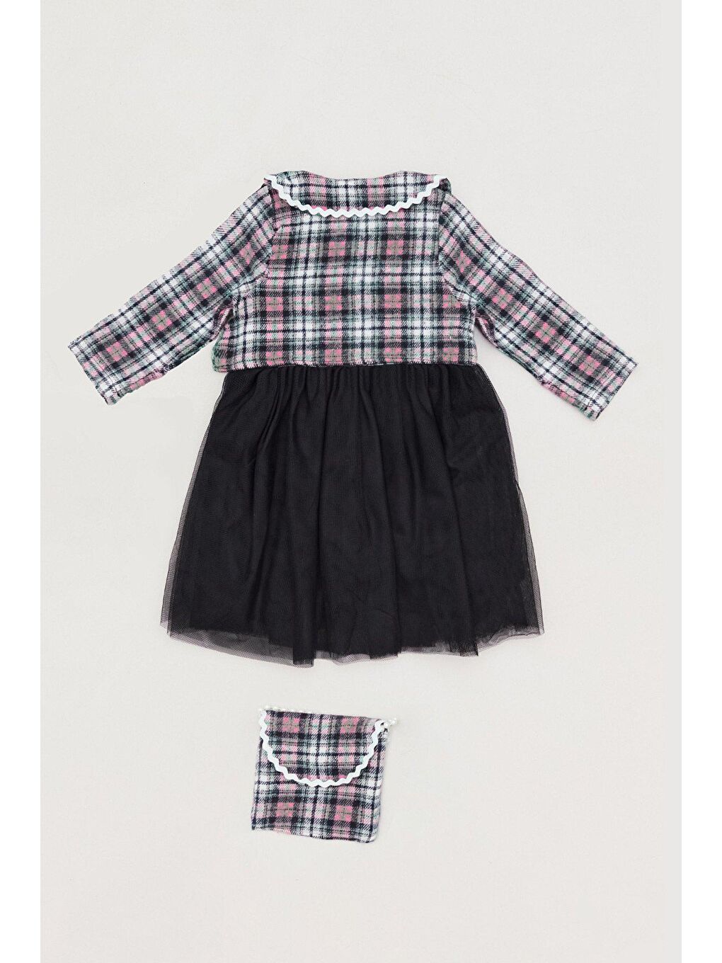 Pembe Ekose Desenli Çanta Aksesuarlı Kız Çocuk Elbise-3