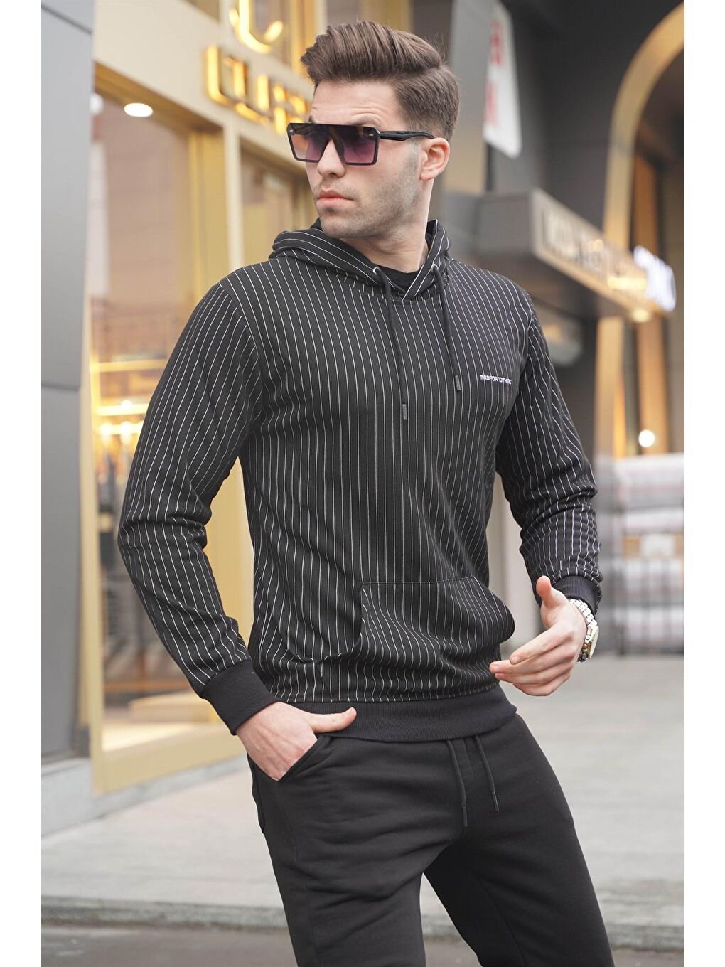 Siyah Çizgili Kapüşonlu Erkek Sweatshirt 4692-2