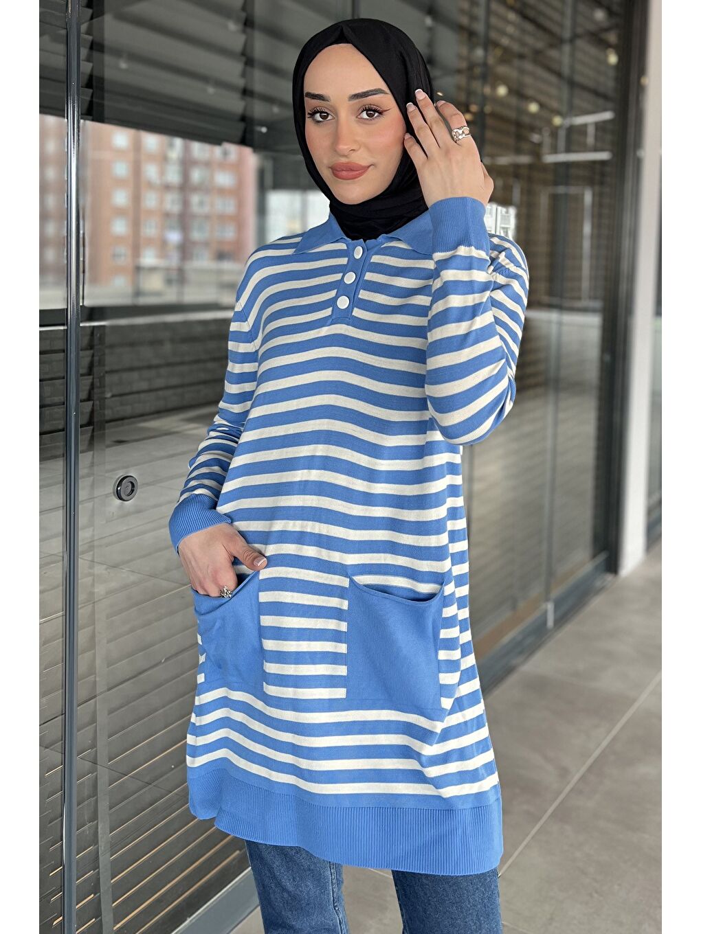 Mavi Kadın Yarım Düğmeli Çizgili Triko Tunik