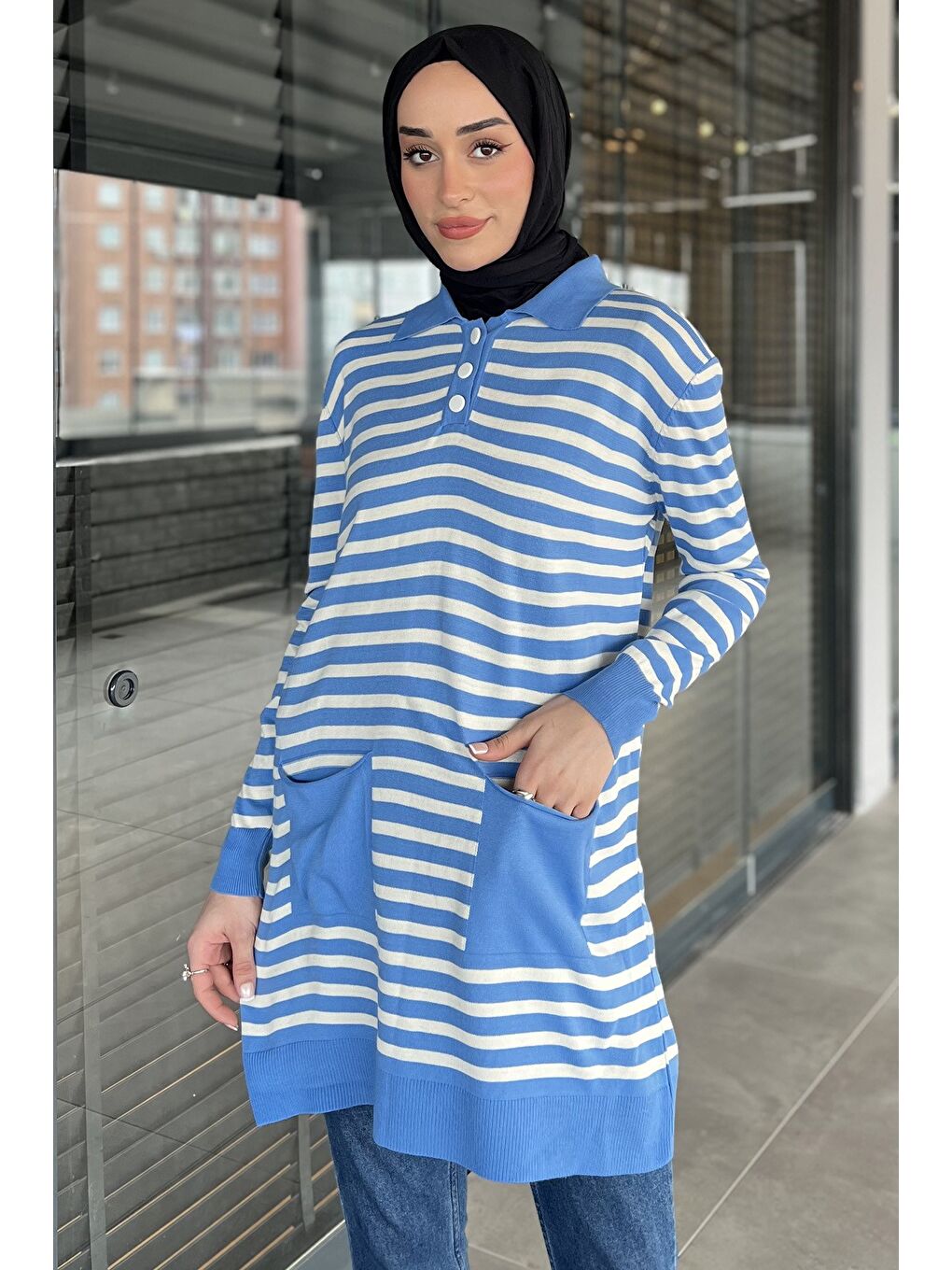 Mavi Kadın Yarım Düğmeli Çizgili Triko Tunik-2