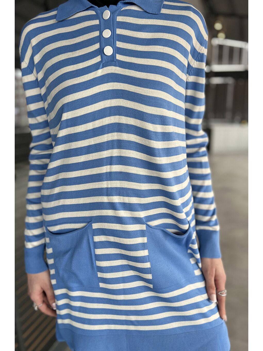 Mavi Kadın Yarım Düğmeli Çizgili Triko Tunik-4