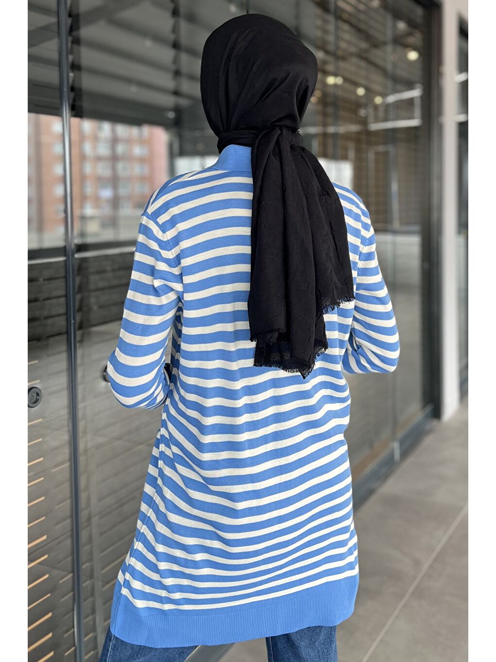 Mavi Kadın Yarım Düğmeli Çizgili Triko Tunik-6