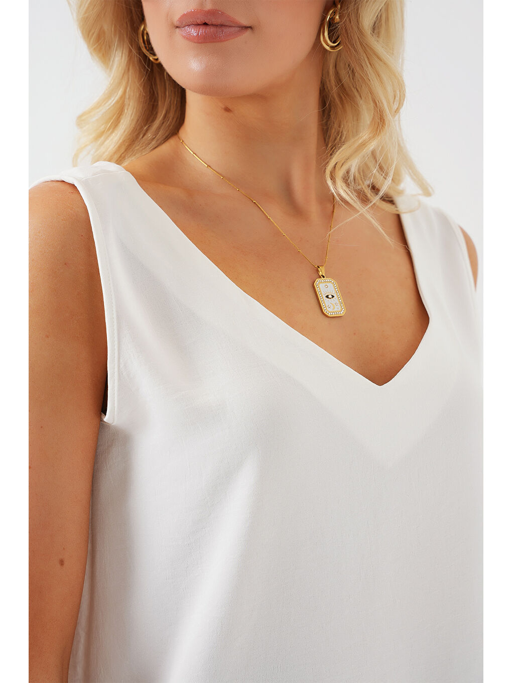 V Yaka Sıfır Kol Bluz 950 - Beyaz-3