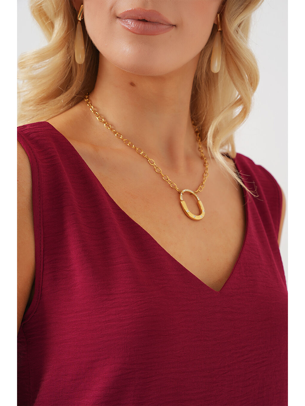 V Yaka Sıfır Kol Bluz 950 - Bordo-2