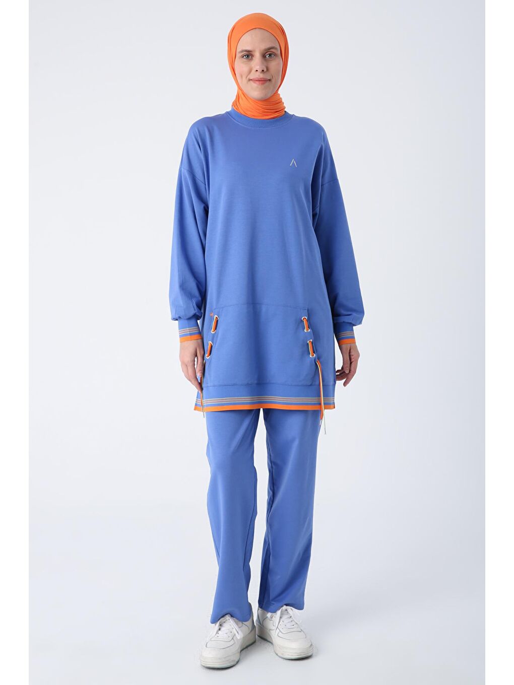 Mavi Parlement Pamuklu Renkli Ribanalı Kordon Detaylı Cepli Pantolonlu Takım-1