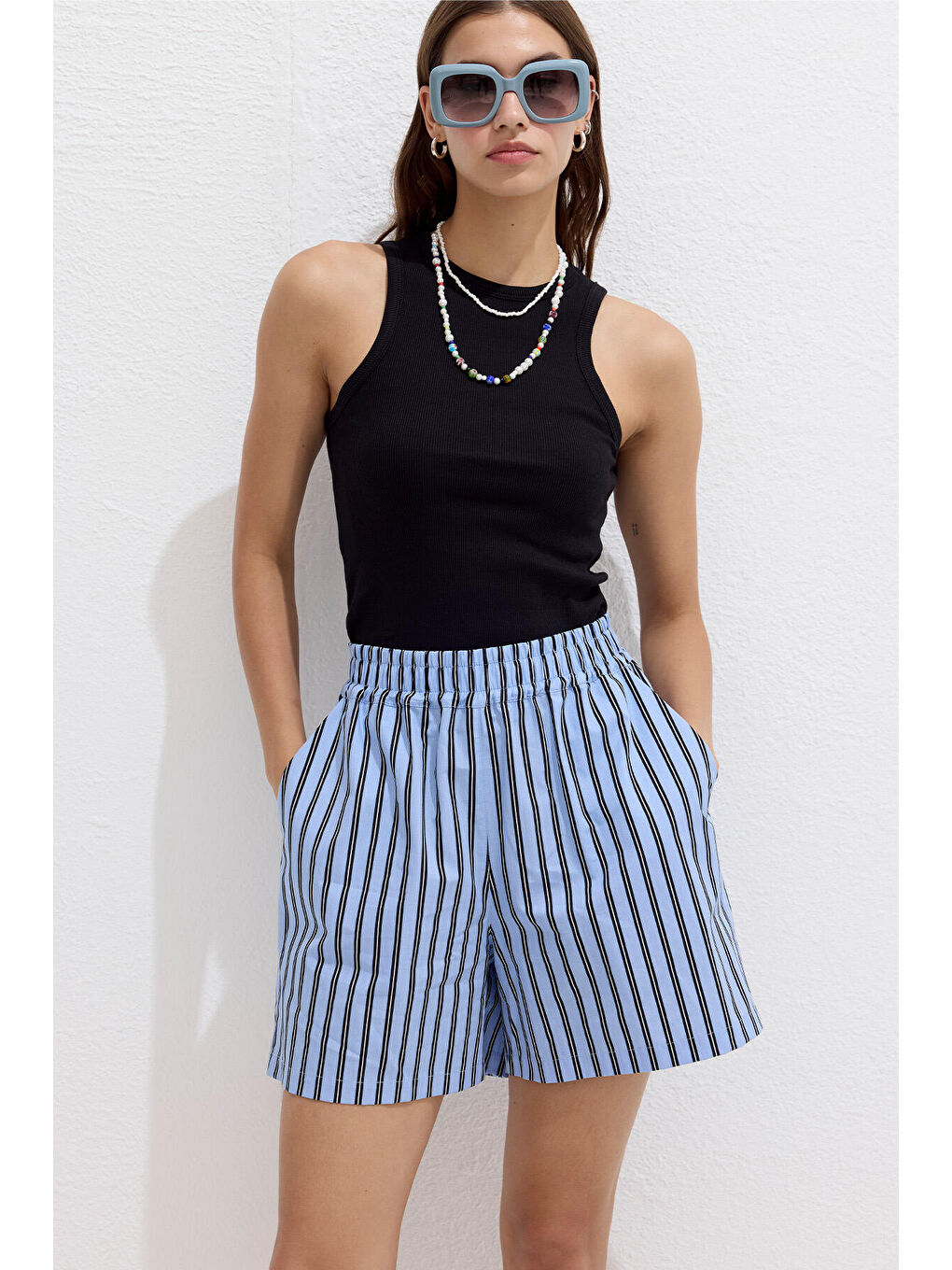 Çizgili Pamuklu Şort Mavi Çizgi