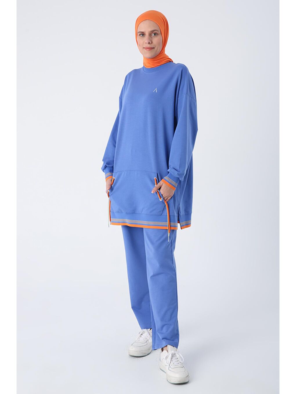 Mavi Parlement Pamuklu Renkli Ribanalı Kordon Detaylı Cepli Pantolonlu Takım-2