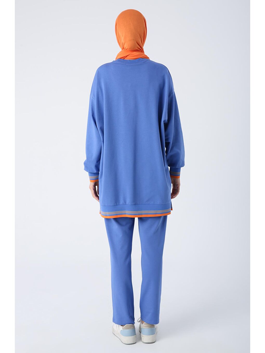 Mavi Parlement Pamuklu Renkli Ribanalı Kordon Detaylı Cepli Pantolonlu Takım-3