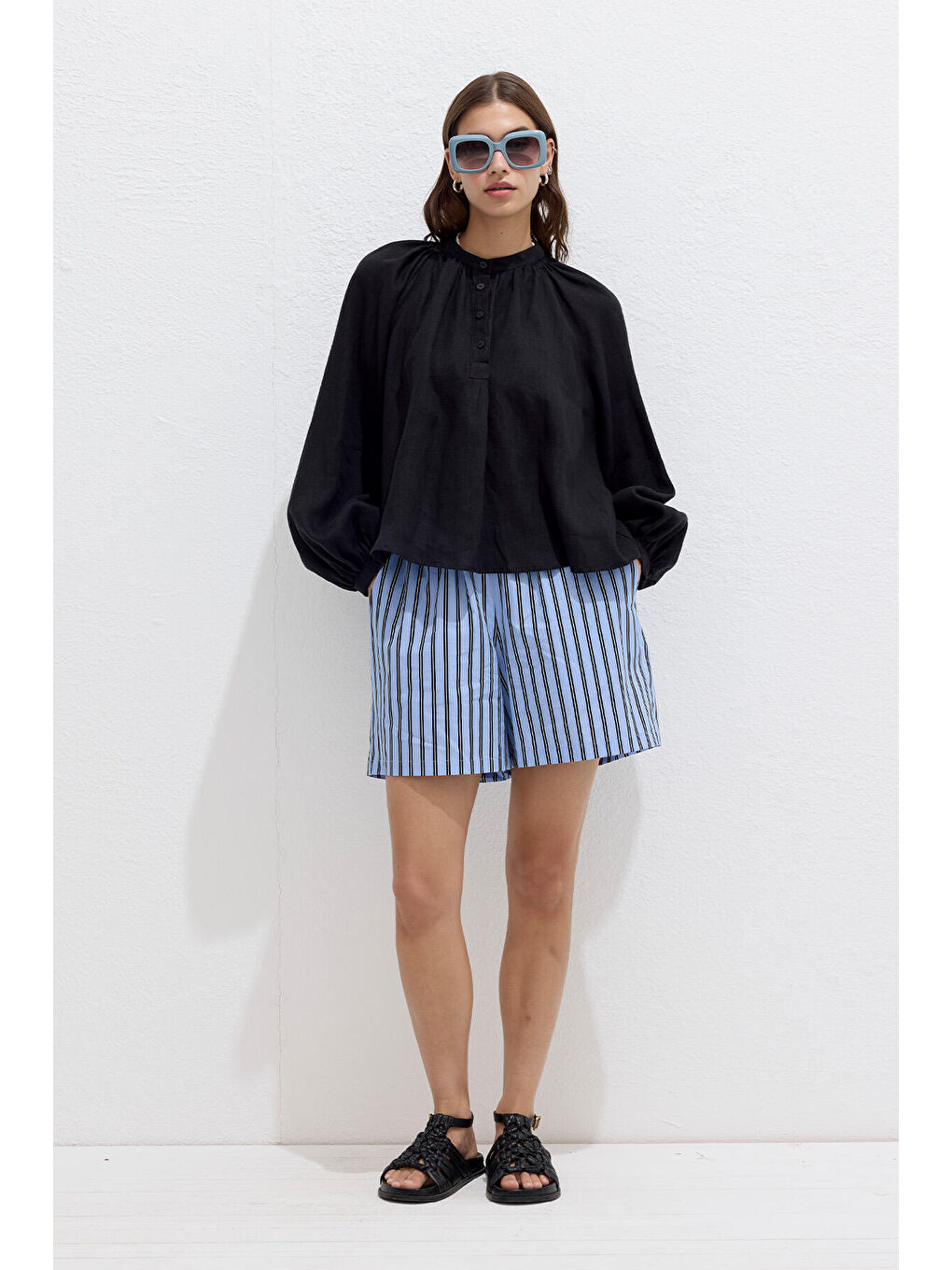 Çizgili Pamuklu Şort Mavi Çizgi-1