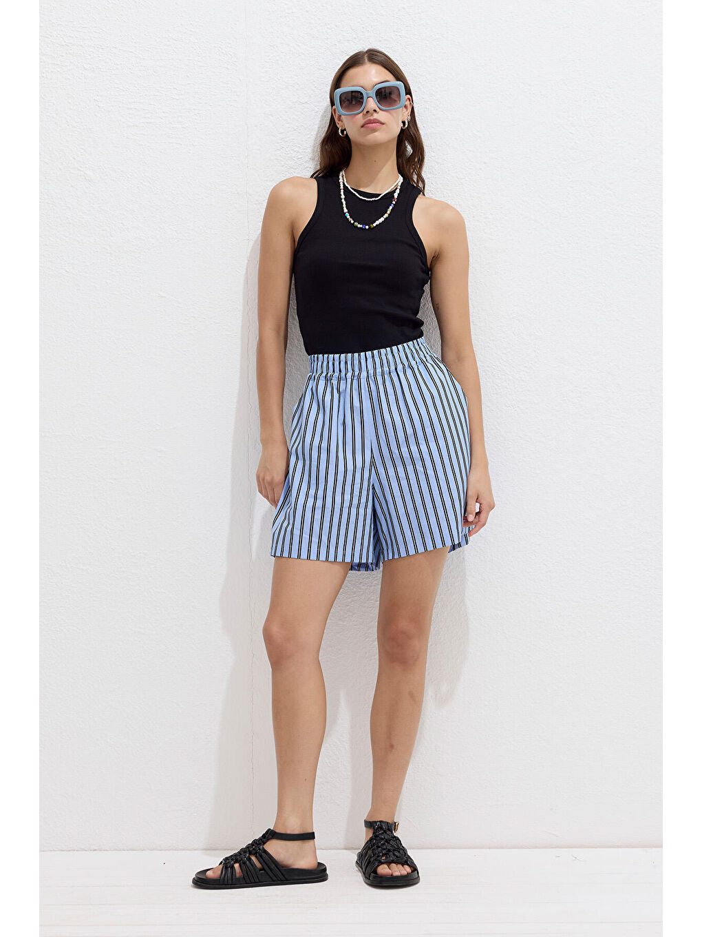 Çizgili Pamuklu Şort Mavi Çizgi-2