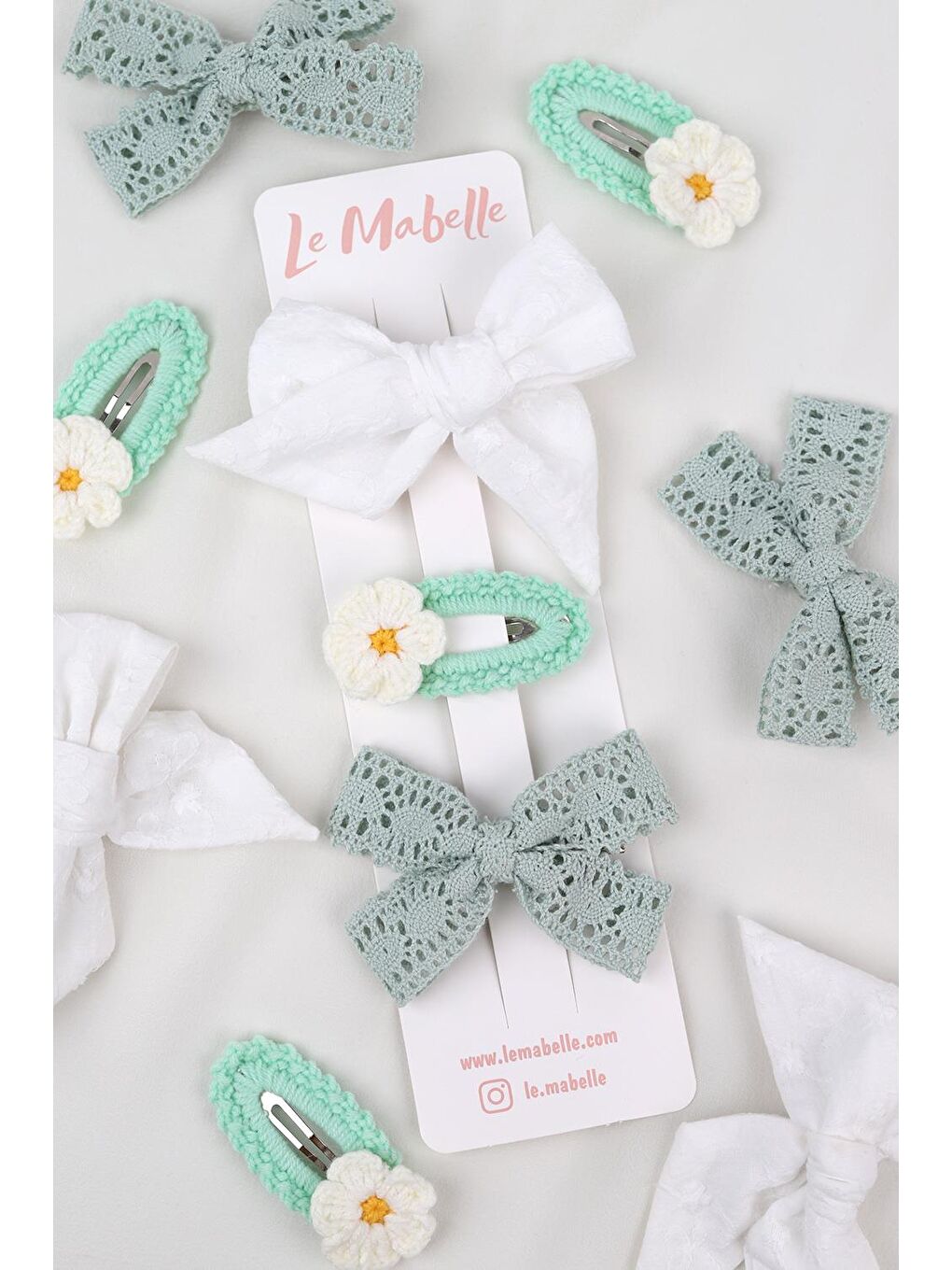 Le Mabelle Mint Yeşil Mint  Örgü Çiçek 3'lü Toka Set - 1