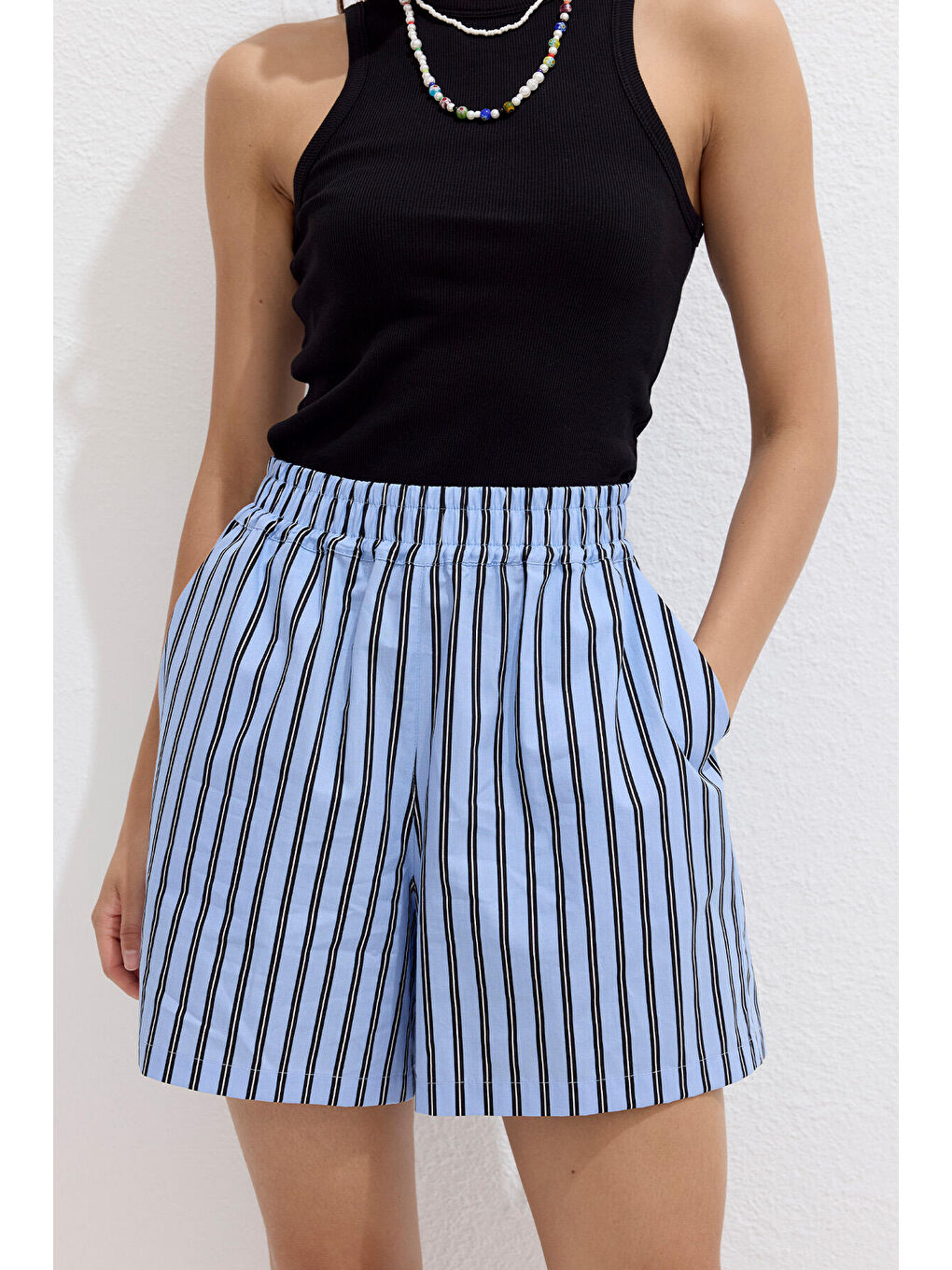 Çizgili Pamuklu Şort Mavi Çizgi-3