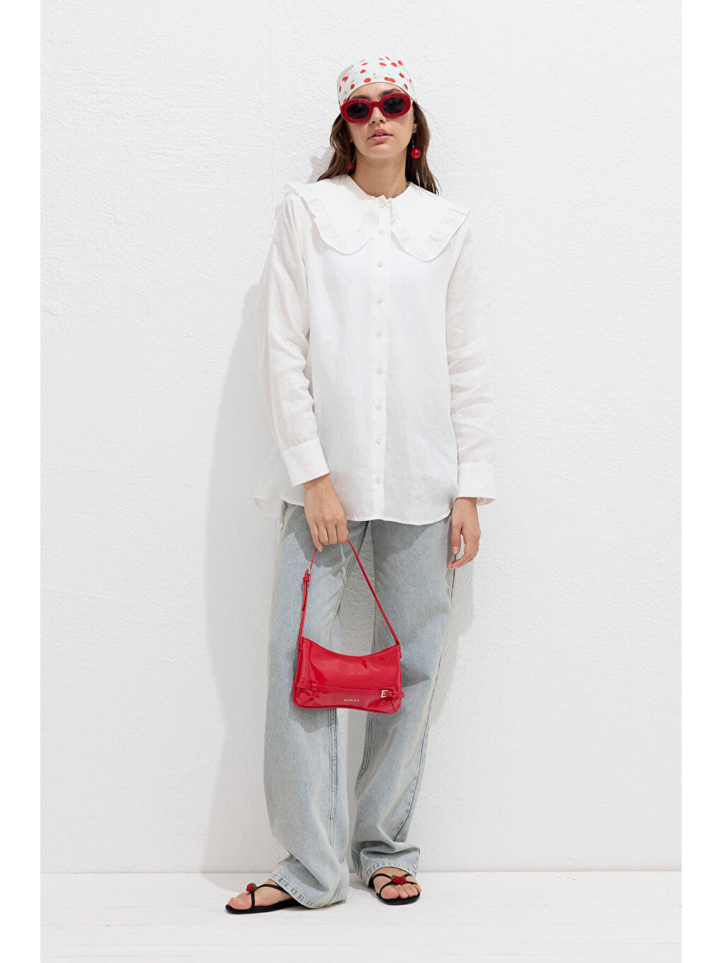 Yaka Detaylı Keten Gömlek Ekru-1