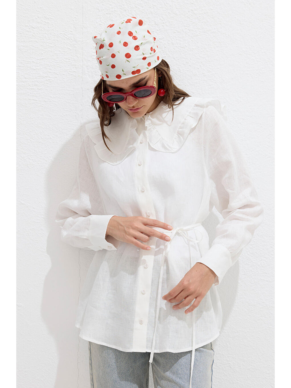 Yaka Detaylı Keten Gömlek Ekru-4