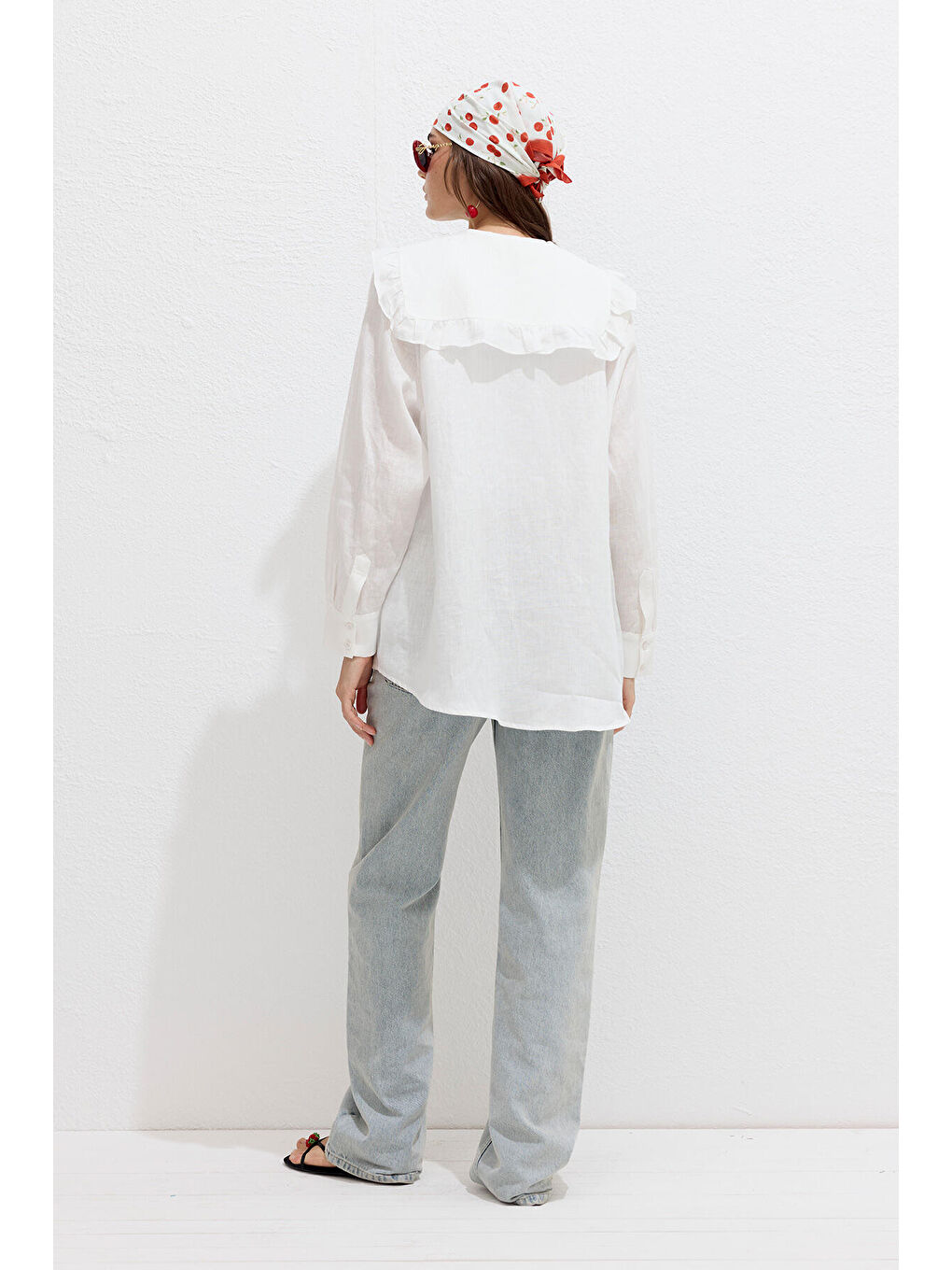 Yaka Detaylı Keten Gömlek Ekru-5