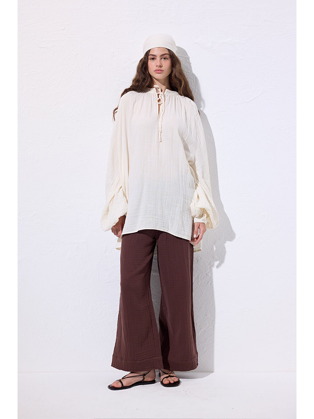 Müslin Bağlamalı Bluz Bej-1