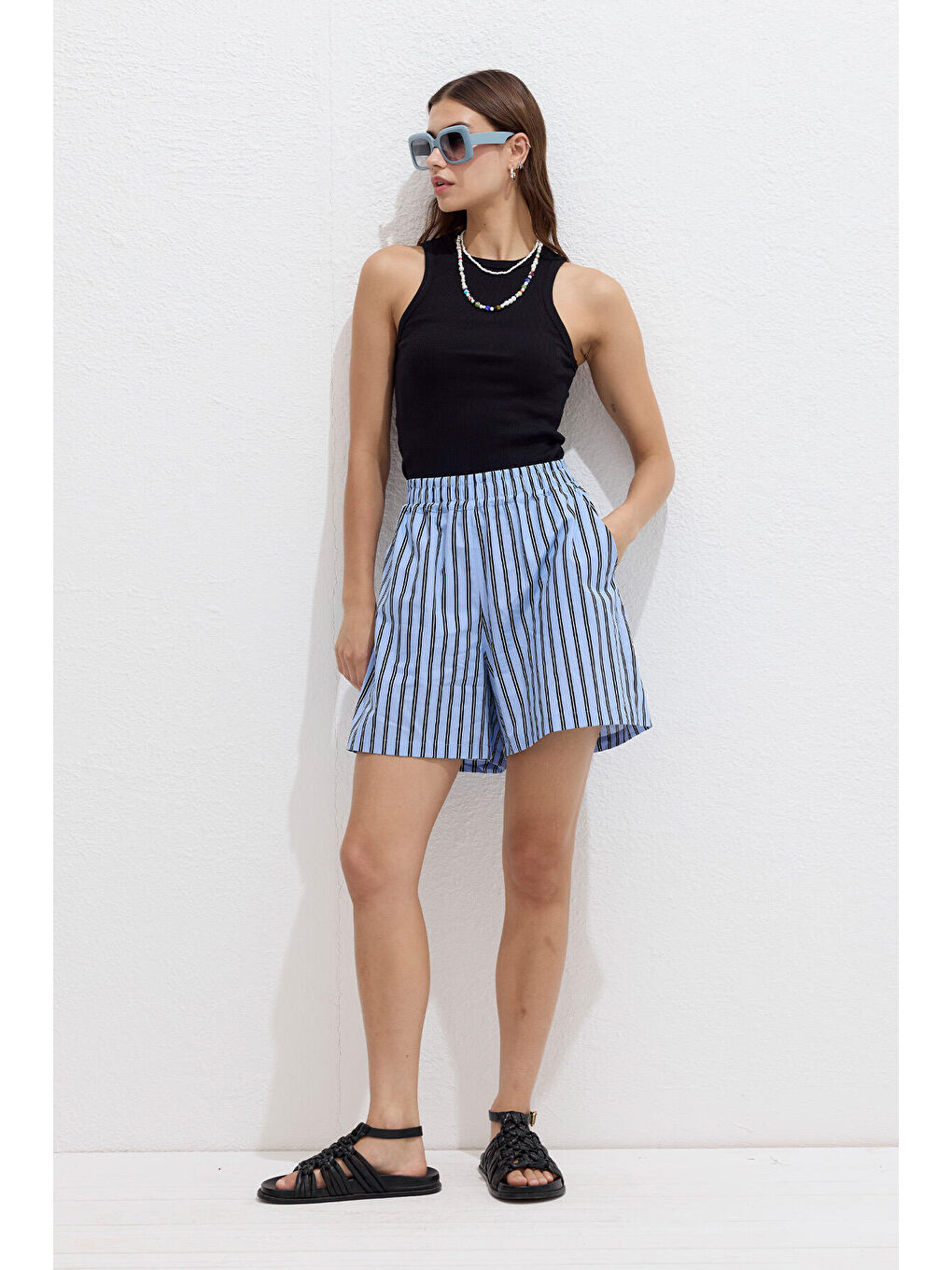 Çizgili Pamuklu Şort Mavi Çizgi-4