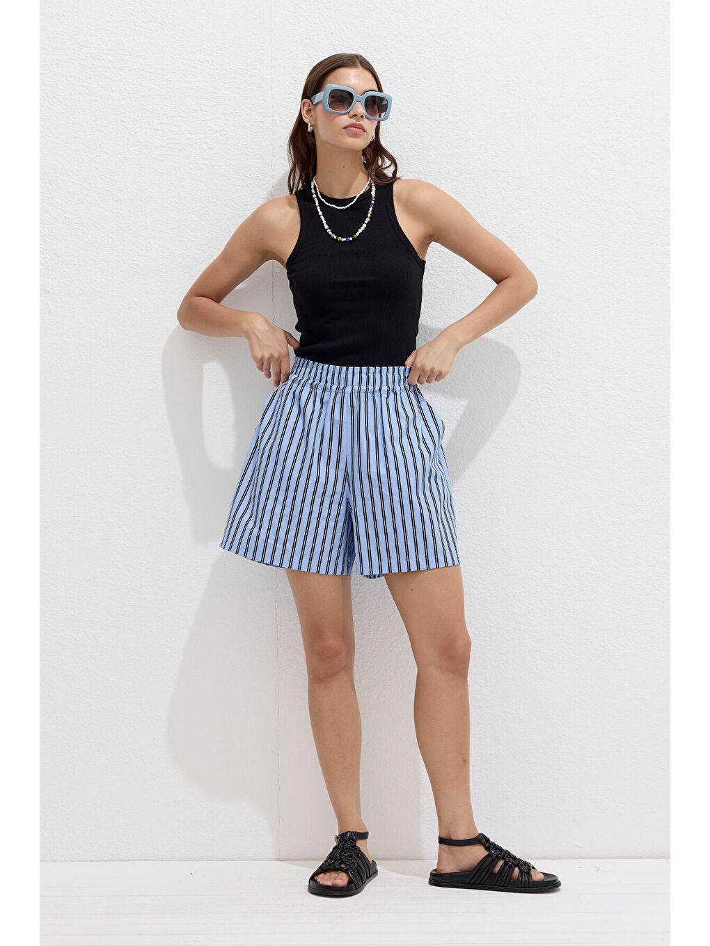 Çizgili Pamuklu Şort Mavi Çizgi-5