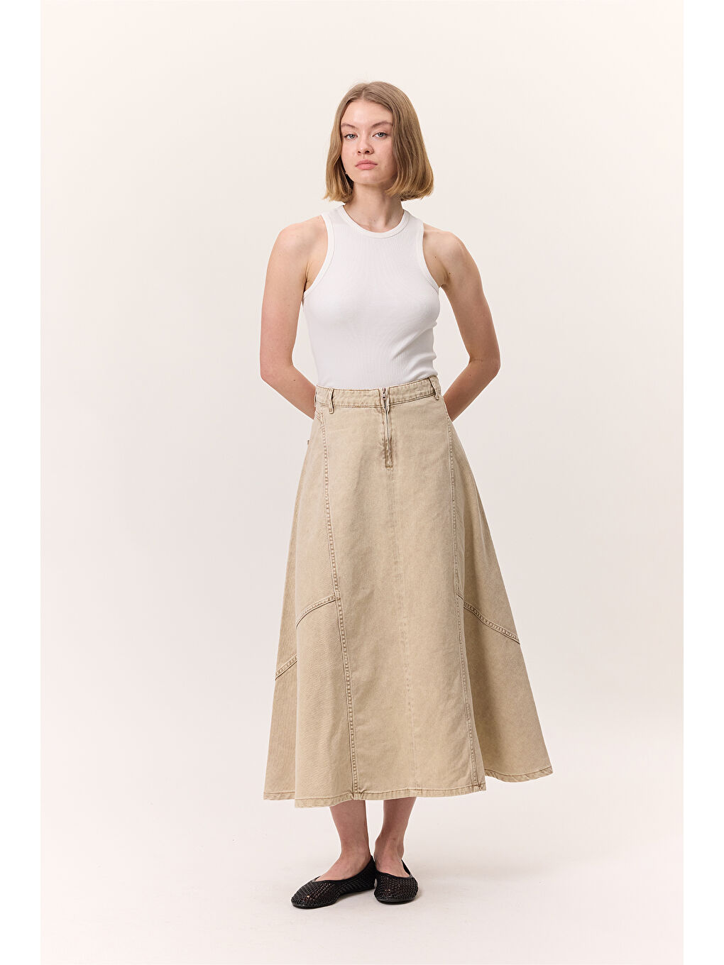 Kahverengi Volanlı Denim Etek Camel