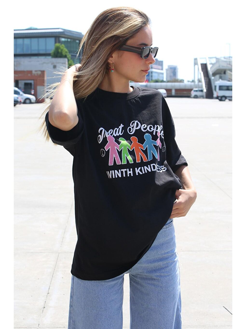 Siyah Baskılı Oversize Tişört Mg1523