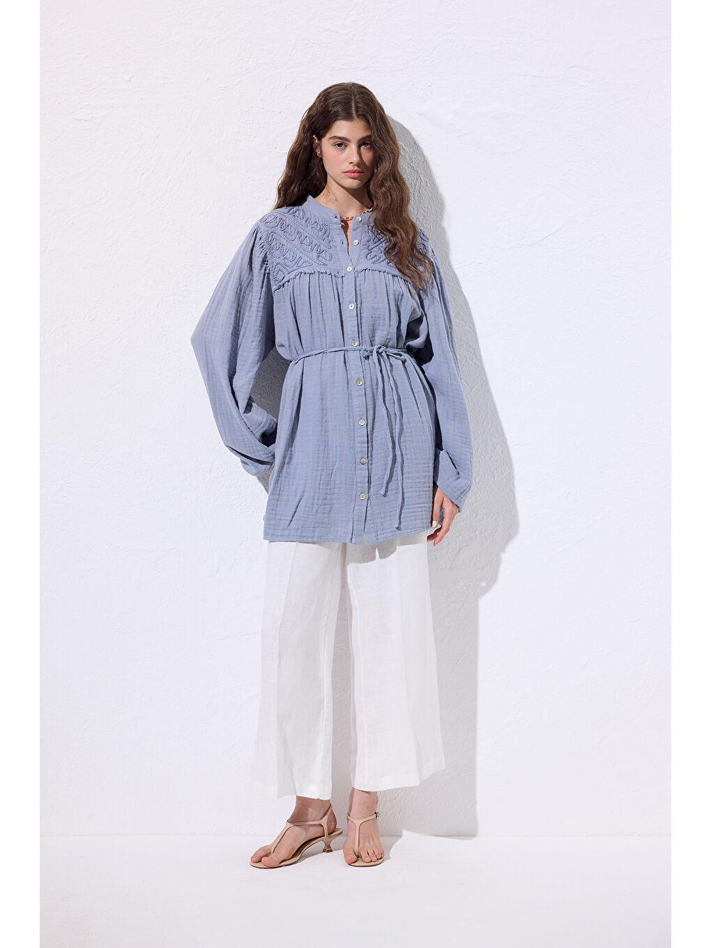 Müslin İşlemeli Gömlek Mavi-2