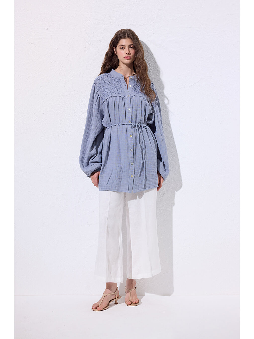 Müslin İşlemeli Gömlek Mavi-3