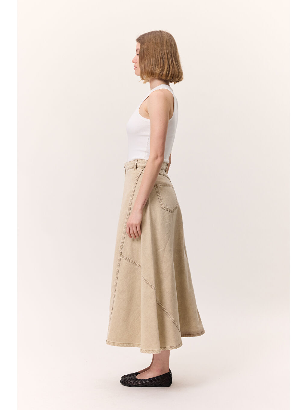 Kahverengi Volanlı Denim Etek Camel-2