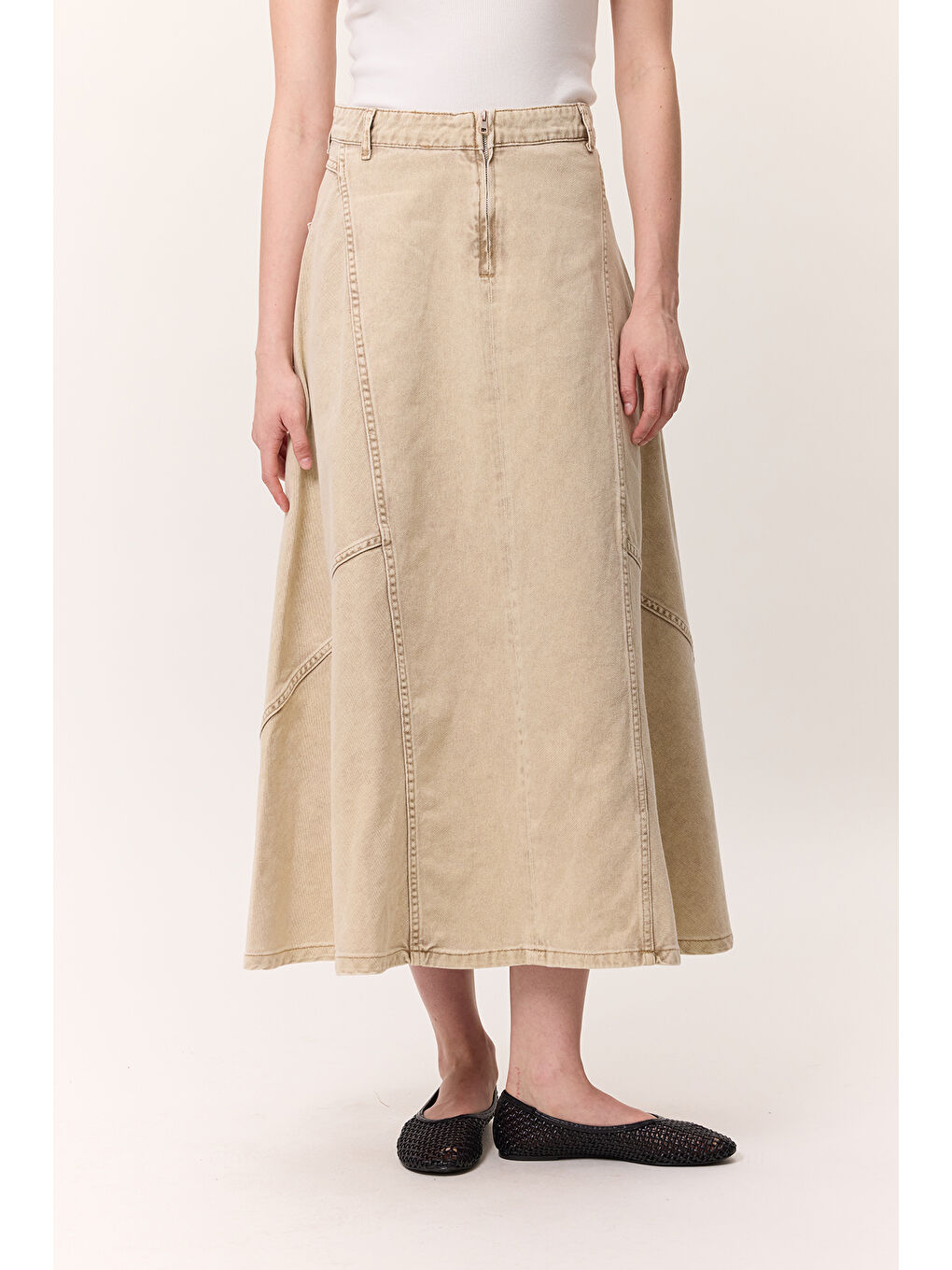 Kahverengi Volanlı Denim Etek Camel-3