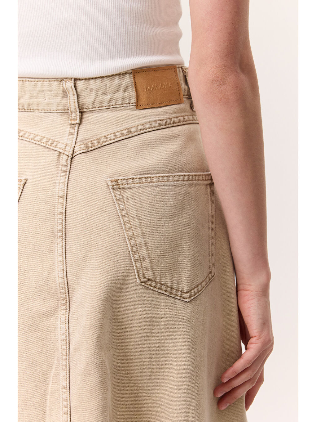 Kahverengi Volanlı Denim Etek Camel-5