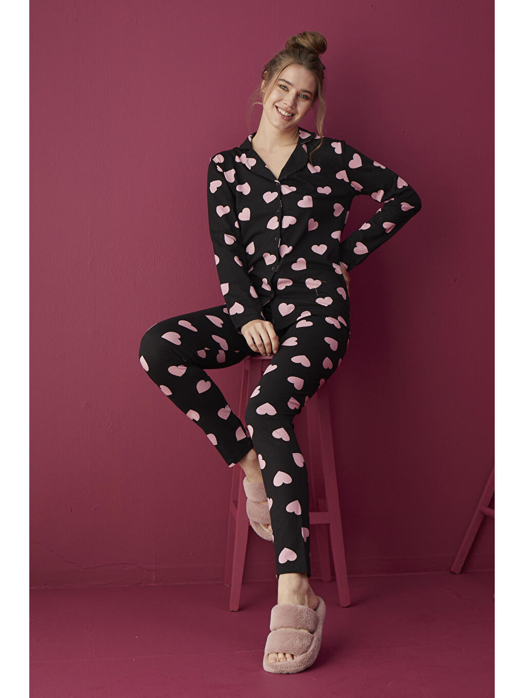 Pembe Pamuklu Düğmeli Pijama Takımı 451-5-1