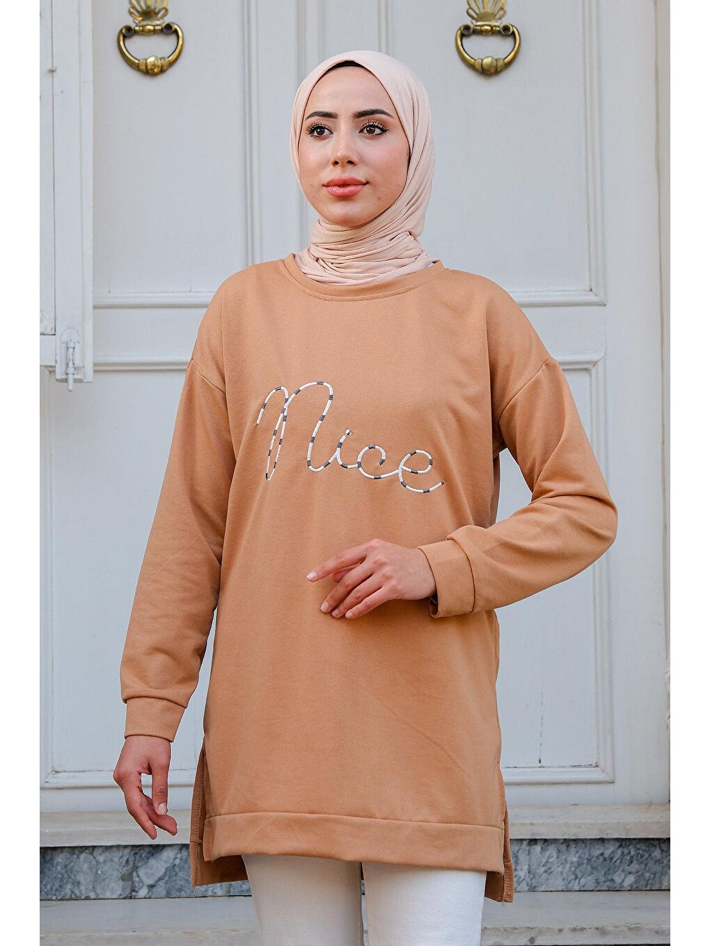 Bej Kadın Bisiklet Yaka Sweat Vizon