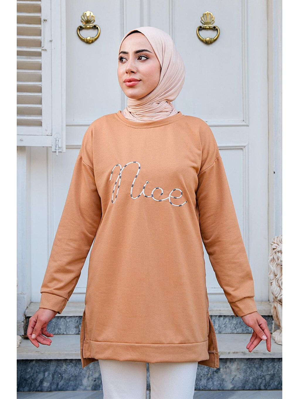 Bej Kadın Bisiklet Yaka Sweat Vizon-1