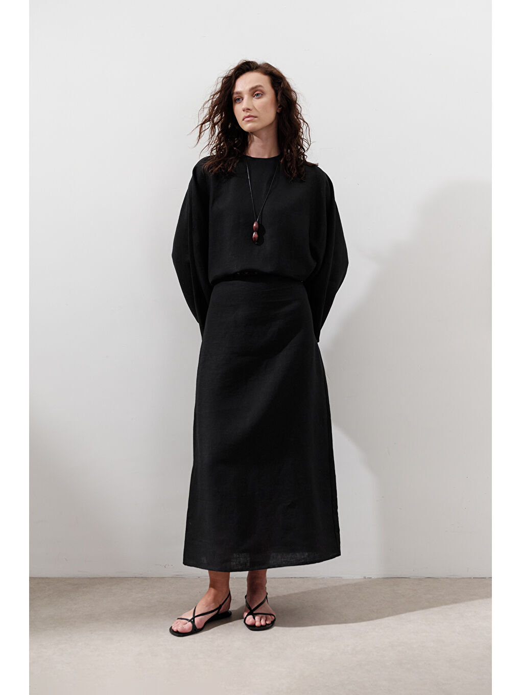 Keten Geniş Bağlamalı Elbise Siyah-1