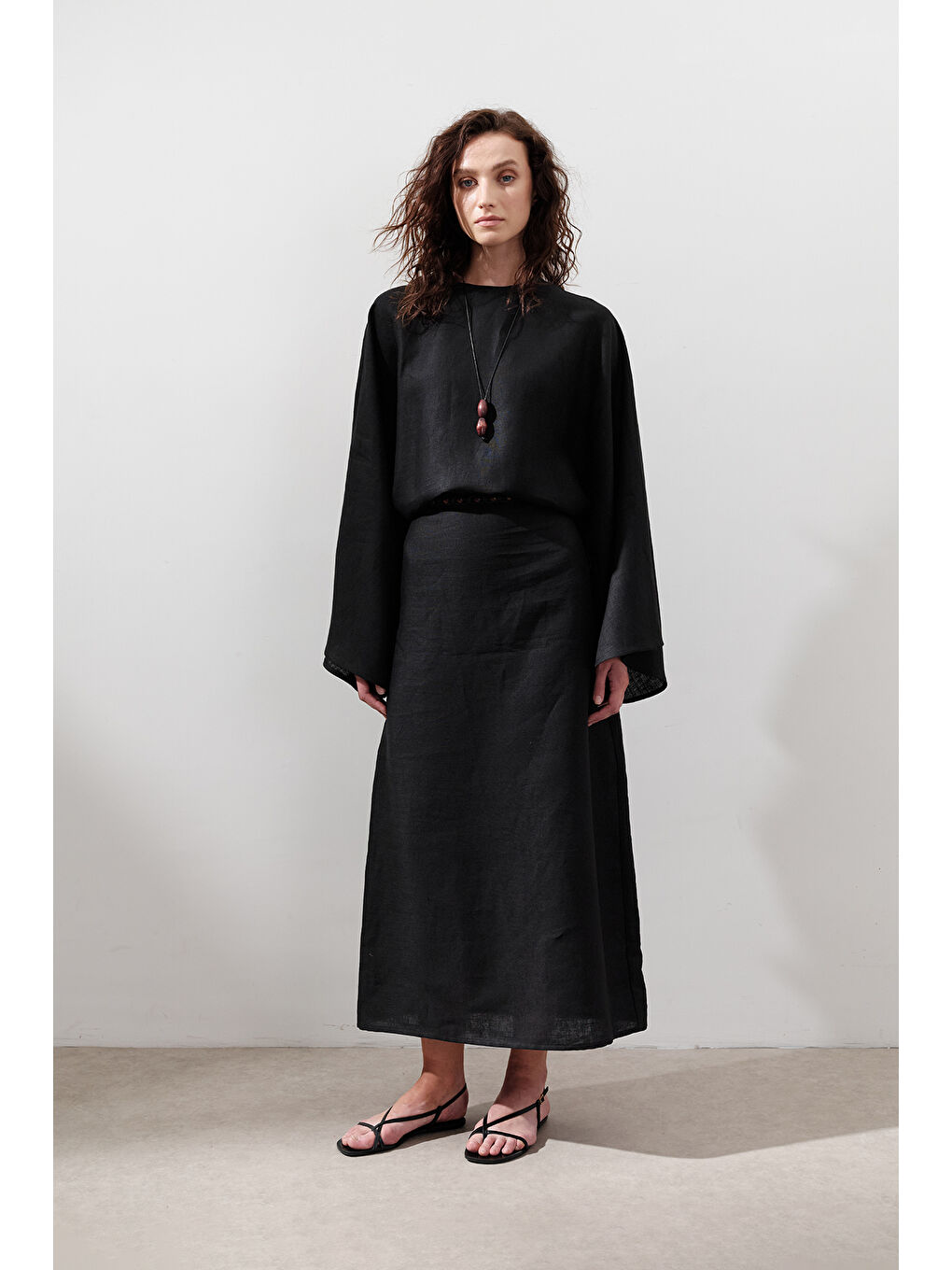 Keten Geniş Bağlamalı Elbise Siyah-2