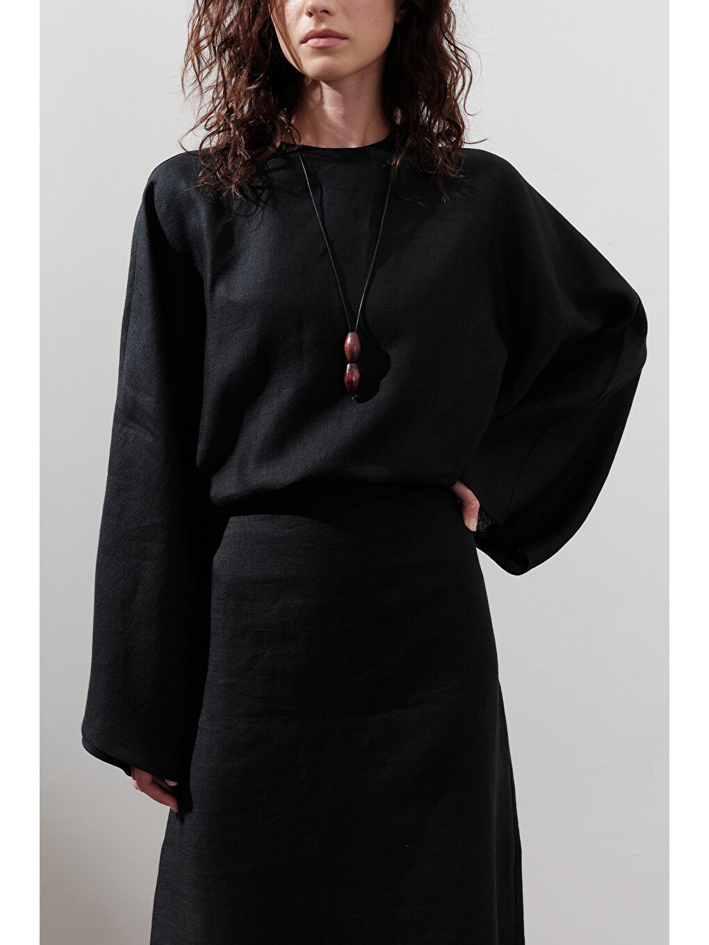 Keten Geniş Bağlamalı Elbise Siyah-3