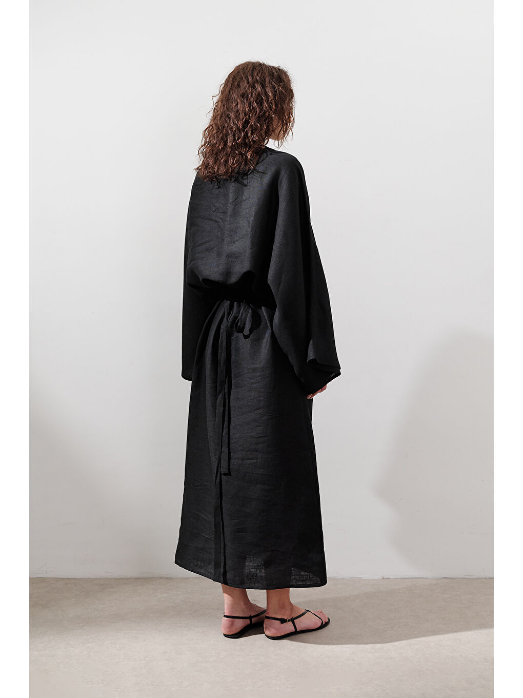 Keten Geniş Bağlamalı Elbise Siyah-5