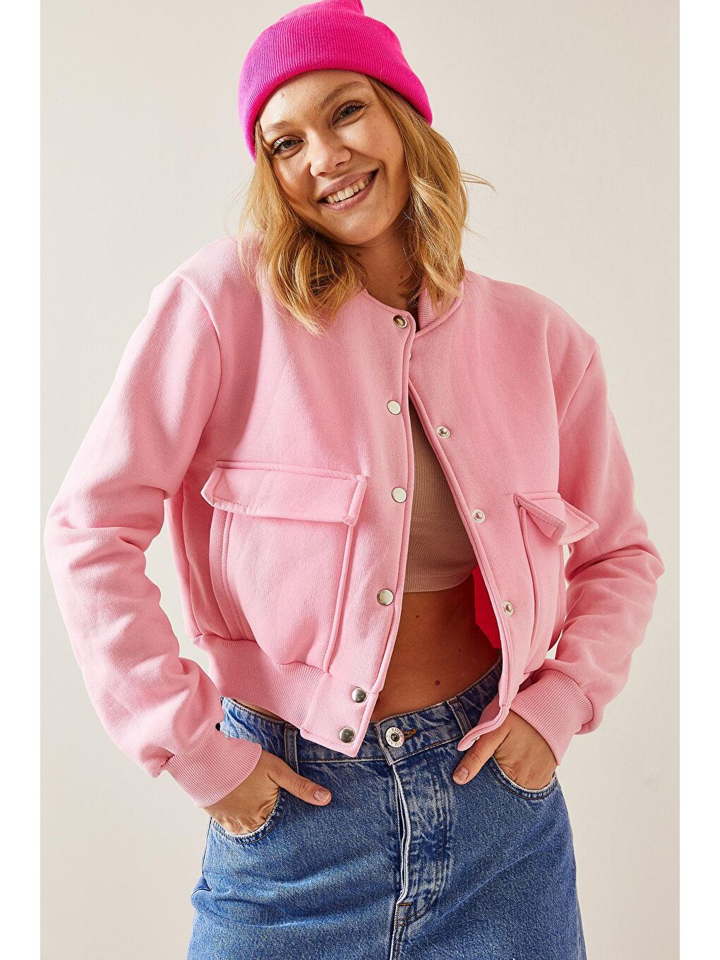 XHAN Pembe Çıtçıt Düğmeli Crop Bomber Ceket 3YXK4-47551-20