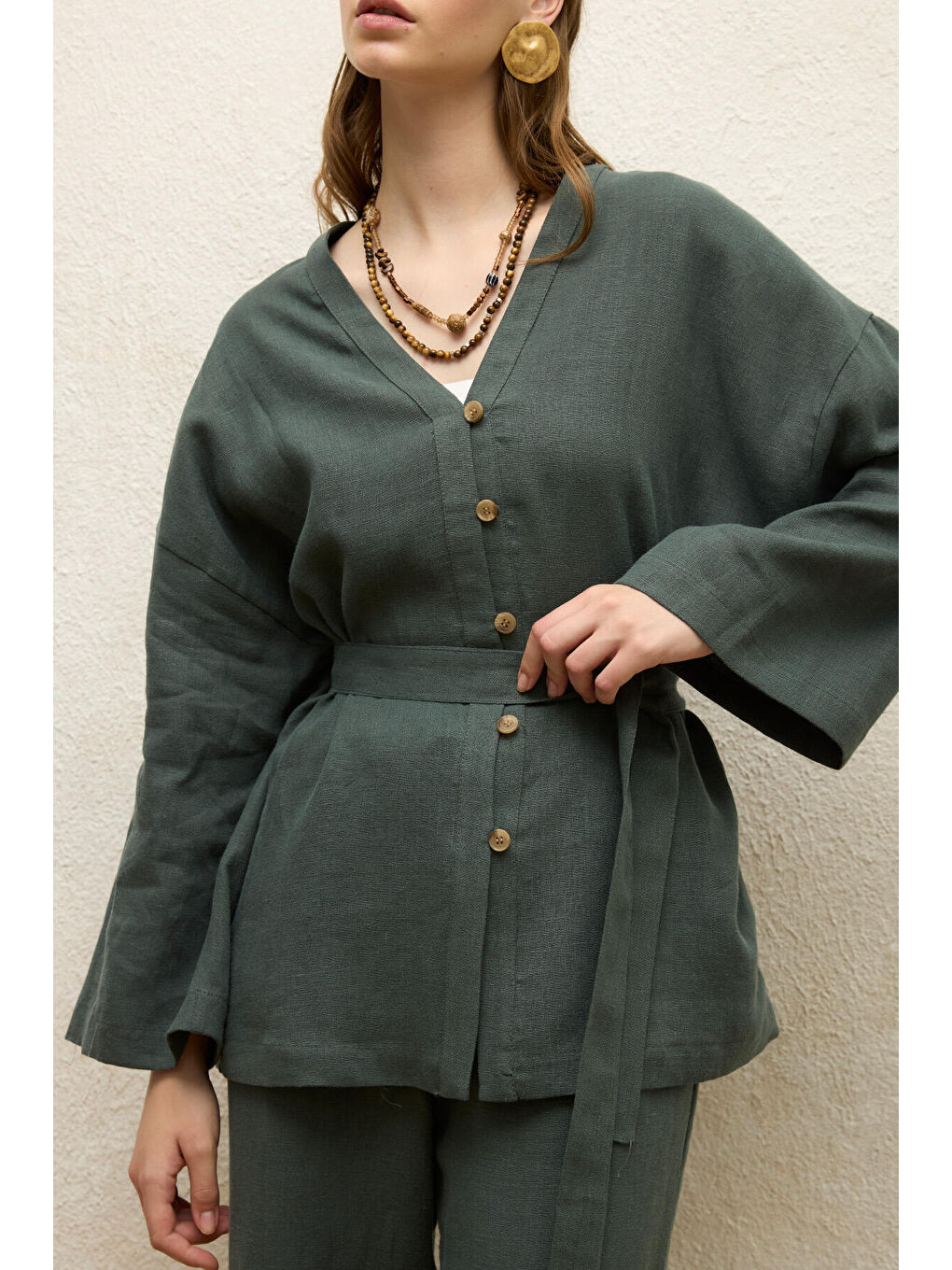 Düğmeli Keten Gömlek Yeşil-3