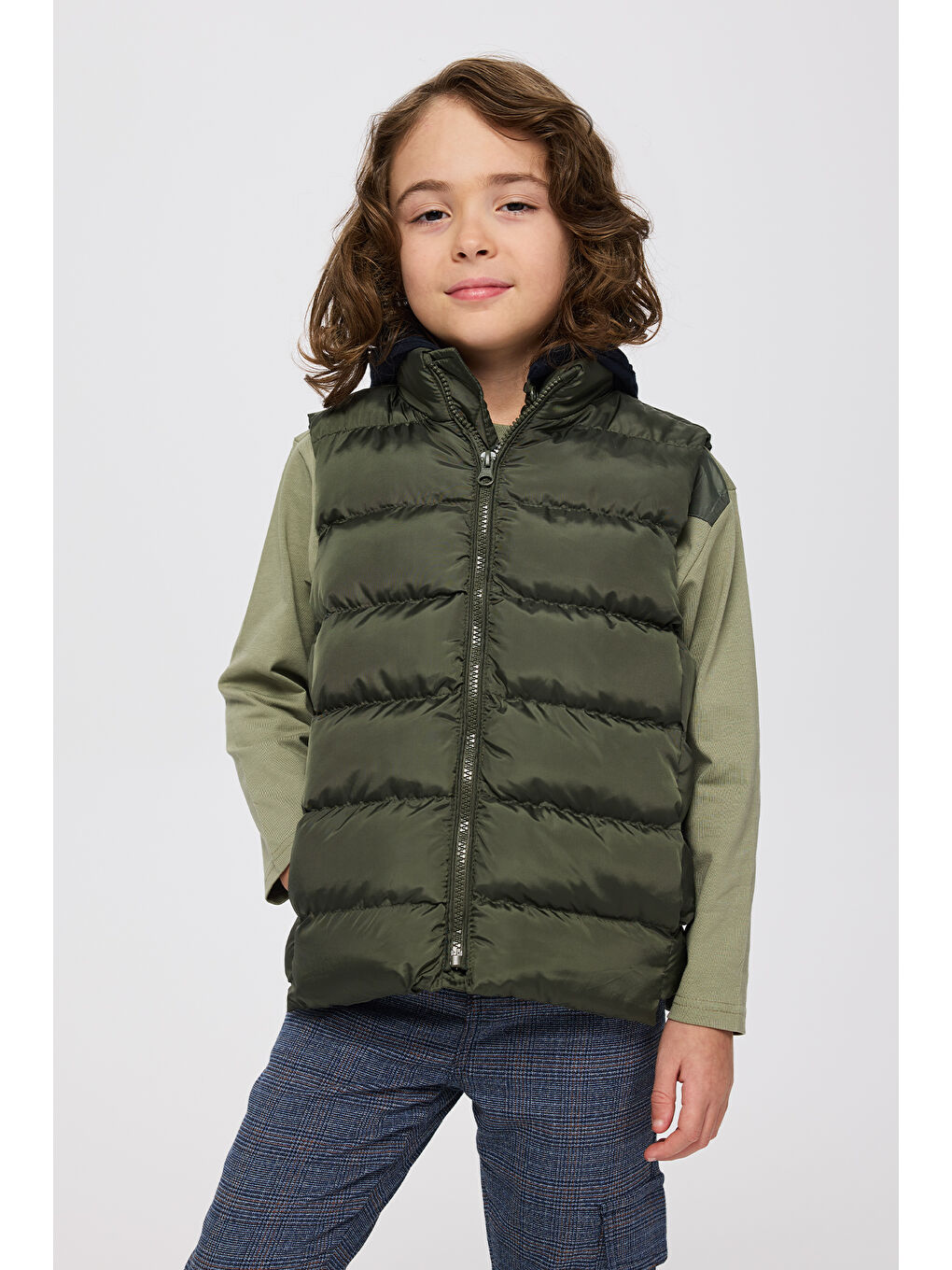 Erkek Çocuk Kapüşonlu Haki Yelek-2