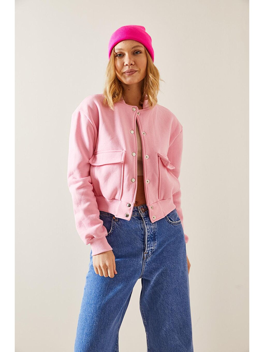 XHAN Pembe Çıtçıt Düğmeli Crop Bomber Ceket 3YXK4-47551-20 - 1