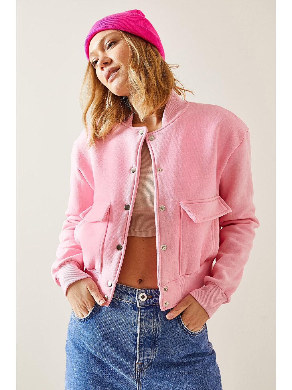 XHAN Pembe Çıtçıt Düğmeli Crop Bomber Ceket 3YXK4-47551-20 - 2