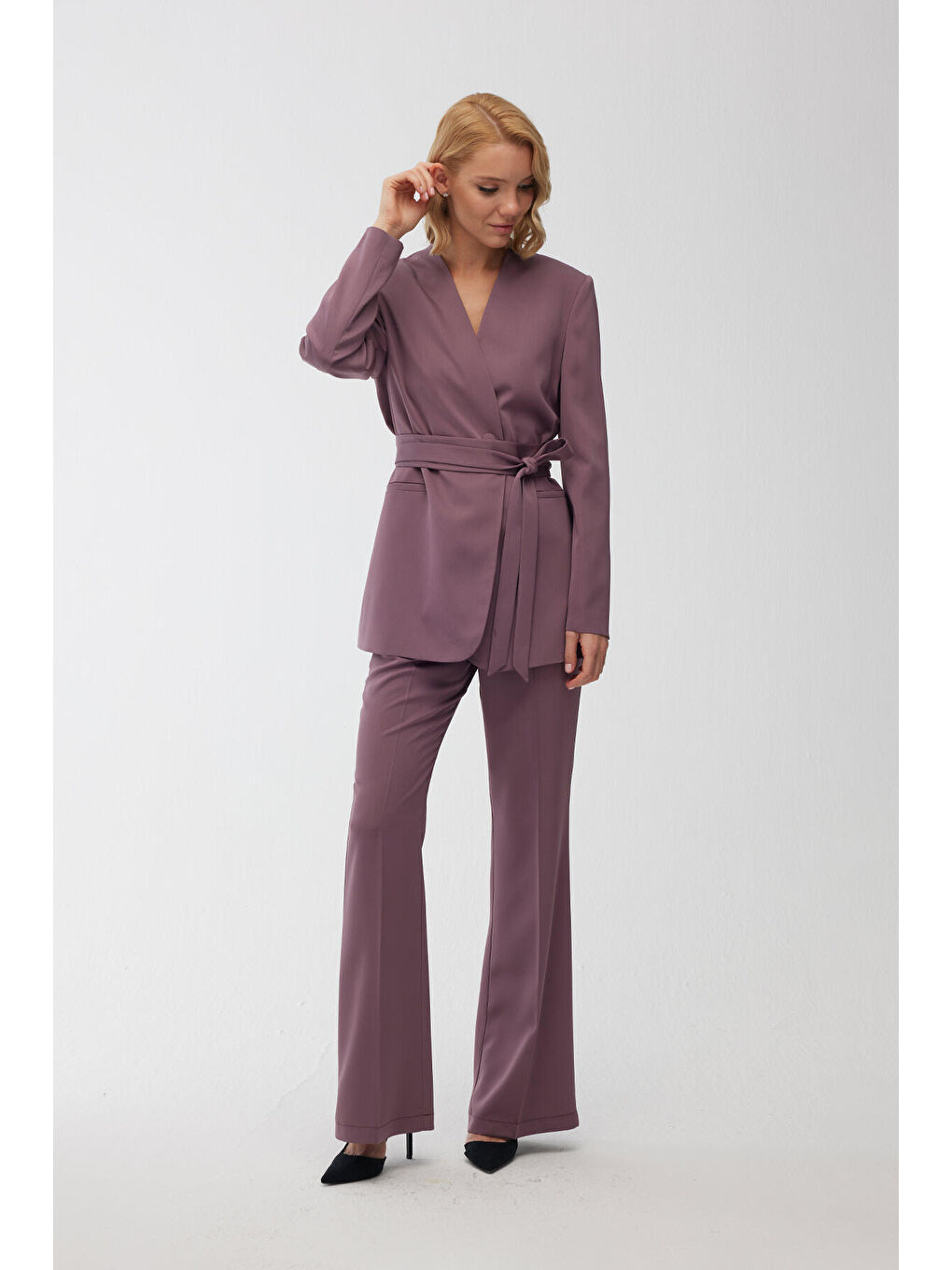 Saten İspanyol Paça Pantolon Mor-1