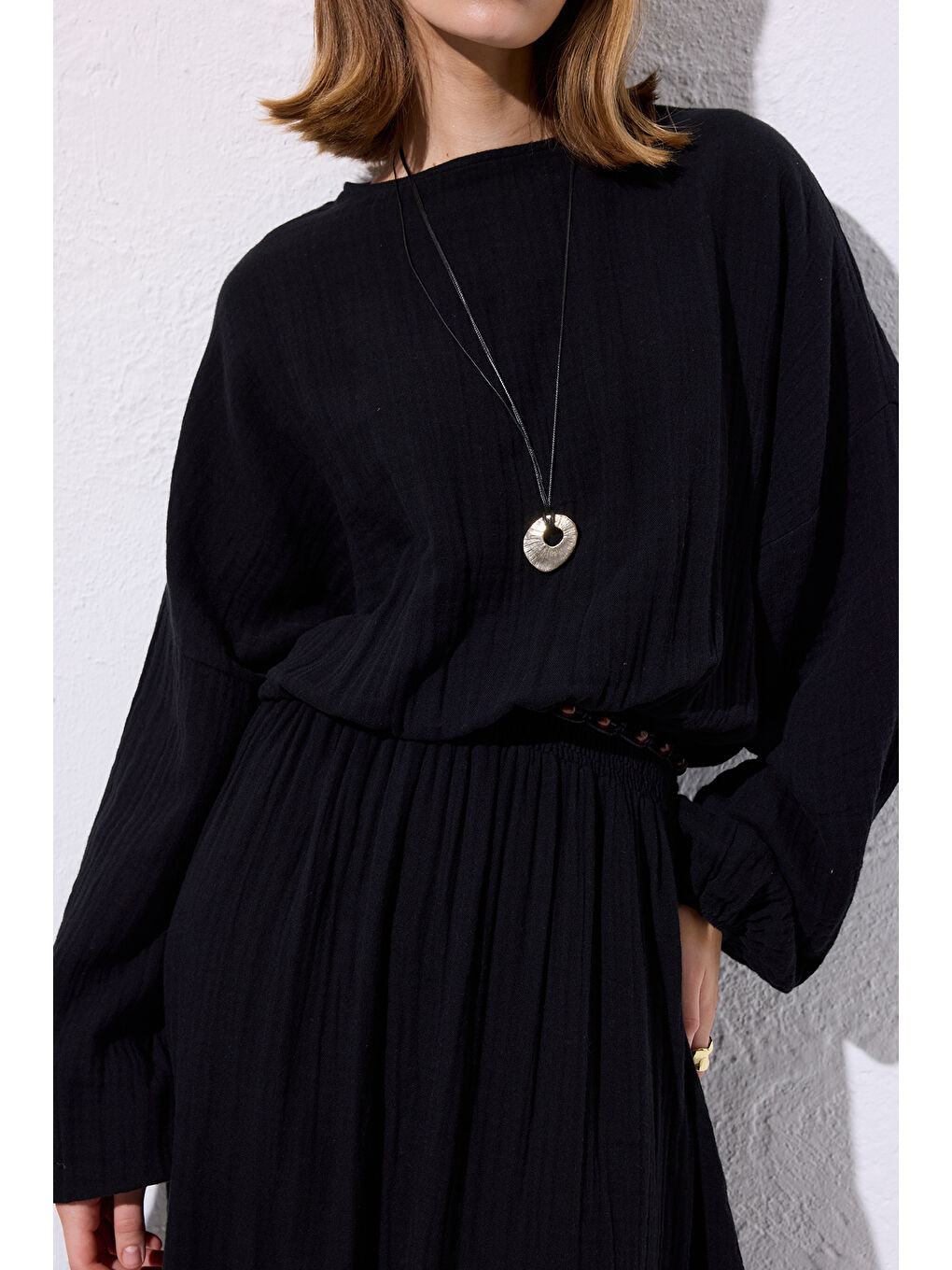 Müslin Beli Büzgülü Elbise Siyah-2